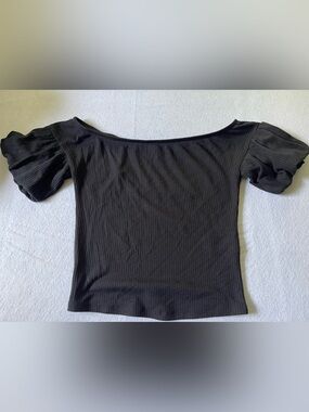love, Fire Black Off-Shoulder Puff Sleeve Ribbed Crop Top